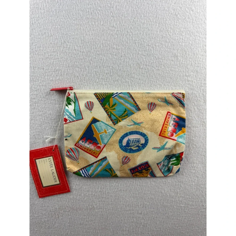 Estee Lauder Vintage Travel Stamp Makeup Bag Pouch with Luggage Tag Beige New
